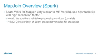9© 2014 Cloudera, Inc. All rights reserved.
MapJoin Overview (Spark)
•  Spark Work for Mapjoin very similar to MR Version, use hashtable file
with high replication factor
•  Note1: We run the small-table processing non-local (parallel)
•  Note2: Consideration of Spark broadcast variables for broadcast
 