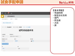 試食手配申請
【基本情報】
・申請時間
・販促会社名称
・部門
・担当者
・大区
・課
 