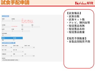 試食手配申請
【試食備品】
・試食台数
・試食セット数
・テレビ、陳列台等
・販促景品有無
・販促景品名称
・販促景品数量
【販売予測数量】
・各製品別販売予測
 