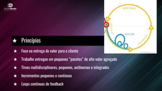 ★ Foco na entrega de valor para o cliente
★ Trabalho entregue em pequenos “pacotes” de alto valor agregado
★ Times multidisciplinares, pequenos, autônomos e integrados
★ Incrementos pequenos e contínuos
★ Loops continuos de feedback
★ Princípios
 