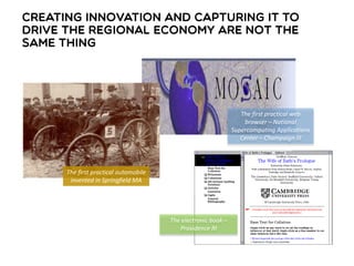 The first practical automobile
invented in Springfield MA
The first practical web
browser – National
Supercomputing Applications
Center – Champaign Ill
The electronic book –
Providence RI
 