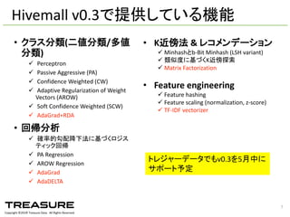 Copyright  ©201６ Treasure  Data.    All  Rights  Reserved.
Hivemall  v0.3で提供している機能
7
• クラス分類(二値分類/多値
分類)
ü Perceptron
ü Passive  Aggressive  (PA)
ü Confidence  Weighted  (CW)
ü Adaptive  Regularization  of  Weight  
Vectors  (AROW)
ü Soft  Confidence  Weighted  (SCW)
ü AdaGrad+RDA
• 回帰分析
ü 確率的勾配降下法に基づくロジス
ティック回帰
ü PA  Regression
ü AROW  Regression
ü AdaGrad
ü AdaDELTA
• K近傍法 &  レコメンデーション
ü Minhashとb-­‐Bit  Minhash (LSH  variant)
ü 類似度に基づくK近傍探索
ü Matrix  Factorization
• Feature  engineering
ü Feature  hashing
ü Feature  scaling  (normalization,  z-­‐score)  
ü TF-­‐IDF  vectorizer
トレジャーデータでもv0.3を5月中に
サポート予定
 