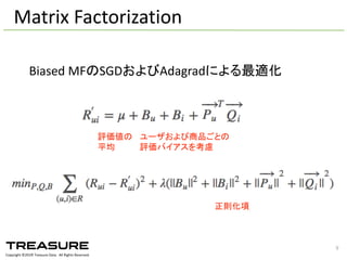 Copyright  ©201６ Treasure  Data.    All  Rights  Reserved.
9
評価値の
平均
Matrix  Factorization
正則化項
ユーザおよび商品ごとの
評価バイアスを考慮
Biased  MFのSGDおよびAdagradによる最適化
 