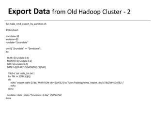Export Data from Old Hadoop Cluster - 2
$vi make_cmd_export_by_partition.sh
#!/bin/bash
startdate=$1
enddate=$2
rundate="$startdate"
until [ "$rundate" == "$enddate" ]
do
YEAR=${rundate:0:4}
MONTH=${rundate:4:2}
DAY=${rundate:6:2}
DATE2=${YEAR}'-'${MONTH}'-'${DAY}
TBLS=(`cat table_list.txt`)
for TBL in ${TBLS[@]}
do
echo "export table ${TBL} PARTITION (dt='$DATE2') to '/user/hadoop/temp_export_dir/${TBL}/dt=$DATE2';"
echo
done
rundate=`date --date="$rundate +1 day" +%Y%m%d`
done
 