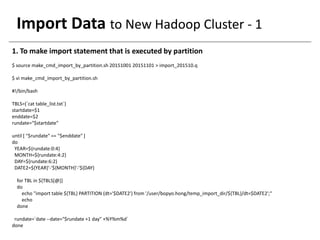 Import Data to New Hadoop Cluster - 1
1. To make import statement that is executed by partition
$ source make_cmd_import_by_partition.sh 20151001 20151101 > import_201510.q
$ vi make_cmd_import_by_partition.sh
#!/bin/bash
TBLS=(`cat table_list.txt`)
startdate=$1
enddate=$2
rundate="$startdate"
until [ "$rundate" == "$enddate" ]
do
YEAR=${rundate:0:4}
MONTH=${rundate:4:2}
DAY=${rundate:6:2}
DATE2=${YEAR}'-'${MONTH}'-'${DAY}
for TBL in ${TBLS[@]}
do
echo "import table ${TBL} PARTITION (dt='$DATE2') from '/user/bopyo.hong/temp_import_dir/${TBL}/dt=$DATE2';"
echo
done
rundate=`date --date="$rundate +1 day" +%Y%m%d`
done
 