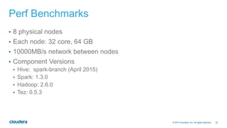 22© 2014 Cloudera, Inc. All rights reserved.
Perf Benchmarks
•  8 physical nodes
•  Each node: 32 core, 64 GB
•  10000MB/s network between nodes
•  Component Versions
•  Hive: spark-branch (April 2015)
•  Spark: 1.3.0
•  Hadoop: 2.6.0
•  Tez: 0.5.3
 