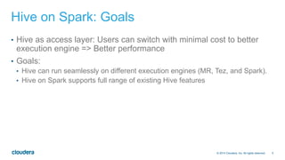 5© 2014 Cloudera, Inc. All rights reserved.
Hive on Spark: Goals
•  Hive as access layer: Users can switch with minimal cost to better
execution engine => Better performance
•  Goals:
•  Hive can run seamlessly on different execution engines (MR, Tez, and Spark).
•  Hive on Spark supports full range of existing Hive features
 