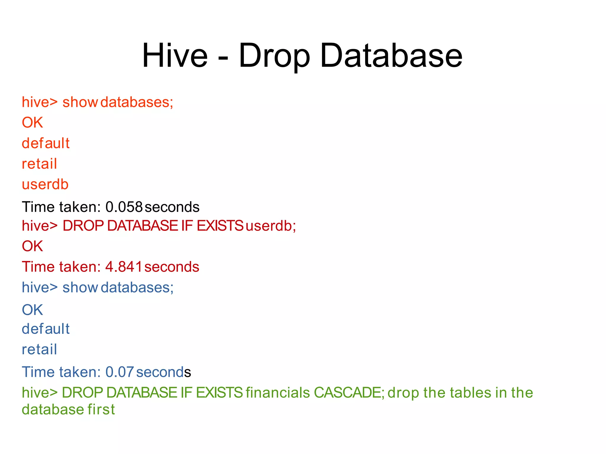 Hive - Drop Database
hive> showdatabases;
OK
default
retail
userdb
Time taken: 0.058seconds
hive> DROP DATABASEIF EXISTSuserdb;
OK
Time taken: 4.841seconds
hive> show databases;
OK
default
retail
Time taken: 0.07seconds
hive> DROP DATABASE IF EXISTS financials CASCADE; drop the tables in the
database first
 