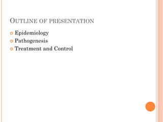 OUTLINE OF PRESENTATION
 Epidemiology
 Pathogenesis
 Treatment and Control
 