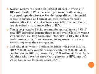  Women represent about half (52%) of all people living with
HIV worldwide. HIV is the leading cause of death among
women of reproductive age. Gender inequalities, differential
access to services, and sexual violence increase women’s
vulnerability to HIV, and women, especially younger women,
are biologically more susceptible to HIV.
 Young people, ages 15–24, account for approximately 39% of
new HIV infections (among those 15 and over).Globally, young
women twice as likely to become infected with HIV than their
male counterparts. In some areas, young women are more
heavily impacted than young men.
 Globally, there were 3.3 million children living with HIV in
2012, 260,000 new infections among children, 210,000 AIDS
deaths, and in 2011, approximately 17.3 million AIDS orphans
(children who have lost one or both parents to HIV), most of
whom live in sub-Saharan Africa (88%).
 