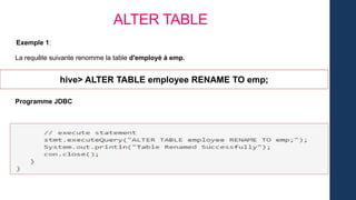 ALTER TABLE
La requête suivante renomme la table d'employé à emp.
Exemple 1:
hive> ALTER TABLE employee RENAME TO emp;
Programme JDBC
 