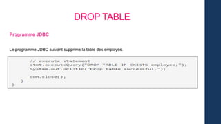 DROP TABLE
Programme JDBC
Le programme JDBC suivant supprime la table des employés.
 