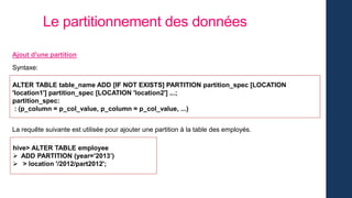 Le partitionnement des données
Ajout d'une partition
Syntaxe:
ALTER TABLE table_name ADD [IF NOT EXISTS] PARTITION partition_spec [LOCATION
'location1'] partition_spec [LOCATION 'location2'] ...;
partition_spec:
: (p_column = p_col_value, p_column = p_col_value, ...)
La requête suivante est utilisée pour ajouter une partition à la table des employés.
hive> ALTER TABLE employee
 ADD PARTITION (year=’2013’)
 > location '/2012/part2012';
 