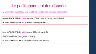 hive> CREATE TABLE table1( name STRING, age INT entry_date STRING)
ROW FORMAT DELIMITED FIELDS TERMINATED BY ',';
hive> CREATE TABLE table1 (name STRING, age INT)
PARTITIONED BY (entry_date STRING)
ROW FORMAT DELIMITED FIELDS TERMINATED BY ',';
Le partitionnement des données
 L'instruction create table pour la table non partitionnée ci-dessus ressemblait à:
 