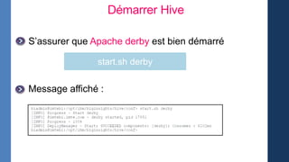 Démarrer Hive
start.sh derby
Message affiché :
S’assurer que Apache derby est bien démarré
 