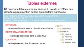 Tables externes
Créer une table externe qui impose à Hive de se référer aux
données qui existent en dehors du répertoire warehouse
EXTERNAL
→ ne pas déplacer vers le répertoire warehouse
ROW FORMAT DELIMITED
→ stockage des lignes dans la table Hive
LOCATION
→ l’emplacement des données externes
hive> CREATE EXTERNAL TABLE dep (id INT, name STRING)
ROW FORMAT DELIMITED
FIELDS TERMINATED BY 't' LOCATION '/user/biadmin/external_table';
 