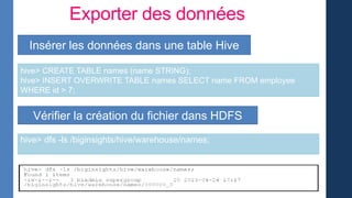 Exporter des données
Insérer les données dans une table Hive
Vérifier la création du fichier dans HDFS
hive> CREATE TABLE names (name STRING);
hive> INSERT OVERWRITE TABLE names SELECT name FROM employee
WHERE id > 7;
hive> dfs -ls /biginsights/hive/warehouse/names;
 