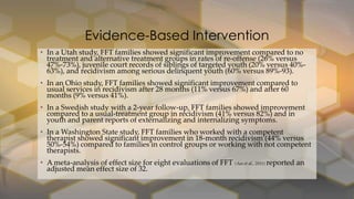 Evidence-Based Intervention
• In a Utah study, FFT families showed significant improvement compared to no
treatment and alternative treatment groups in rates of re-offense (26% versus
47%-73%), juvenile court records of siblings of targeted youth (20% versus 40%63%), and recidivism among serious delinquent youth (60% versus 89%-93).
• In an Ohio study, FFT families showed significant improvement compared to
usual services in recidivism after 28 months (11% versus 67%) and after 60
months (9% versus 41%).
• In a Swedish study with a 2-year follow-up, FFT families showed improvement
compared to a usual-treatment group in recidivism (41% versus 82%) and in
youth and parent reports of externalizing and internalizing symptoms.
• In a Washington State study, FFT families who worked with a competent
therapist showed significant improvement in 18-month recidivism (44% versus
50%-54%) compared to families in control groups or working with not competent
therapists.

• A meta-analysis of effect size for eight evaluations of FFT (Aos et al., 2011) reported an
adjusted mean effect size of 32.

 