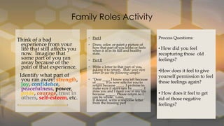 Family Roles Activity
Think of a bad
experience from your
life that still affects you
now. Imagine that
some part of you ran
away because of the
pain of that experience.

Identify what part of
you ran away: strength,
joy, confidence,
peacefulness, power,
pride, courage, trust in
others, self-esteem, etc.
(http://www.expressivetherapist.com/group-activities.html)

• Part I

Process Questions:

• Draw, color, or paint a picture of
how that part of you looks or feels
when it is in its full and healthy
state.

• How did you feel

• Part II
• Write a letter to that part of you,
asking it to return. Make your own
letter or use the following sample:
• "Dear ____, I know you left because
of ____. It is now safe for you to
return because ____. I promise to
make sure it stays safe by _____. I
miss you and I need you in my life
because _____. Please return so I
can be whole. Love, ____"
If desired, write a response letter
from the missing part

recapturing those old
feelings?

•How does it feel to give
yourself permission to feel
those feelings again?
• How does it feel to get
rid of those negative
feelings?

 