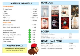 MATÈRIA INFANTILS                        NOVEL—LA
PER APRENDRE

Ja vaig a l’escola                          I 37 RUB

L’espai                                     I 52 ARD
La dansa                                    I 79 GUI
Els castellers                              I 398 SAB
1000 paraules                              I DIC Català

Saps què és la geologia?                    I 55 LUN

PER LLEGIR
Embolic de poemes                           I P MIN

S’obre el teló: sabates en acció!           I P ALB

Objectiu: colònies                          I MUÑ

Agent secret Zero Zero K                    I STI
                                                          POESIA
                                                          FÀBREGA, J. Sis dies d’agost                      P FAB
Cinquè viatge al Regne de la Fantasia       I STI
                                                          (IN)Harmònics                                     P INH
La princesa dels coralls                    I STI
                                                          SÁNCHEZ-RUBIO, E. El ginjoler vessant son fruit   P SAN
Set raons per estimar                       I CEL

Les mil i una nits                          I TAR         NOVEL—LA JUVENIL
                                                          BARÓ, S. La lluna de gel                          JN BAR

          AUDIOVISUALS                                    GRISHAM, J. Theodore Boone: el noi advocat        JN GRI Intriga

   Tenim una selecció de DVDs de novetat                  HANIKA, B. T. Les llàgrimes de la caputxeta       JN HAN
       cedits per la Central de Préstec!
 