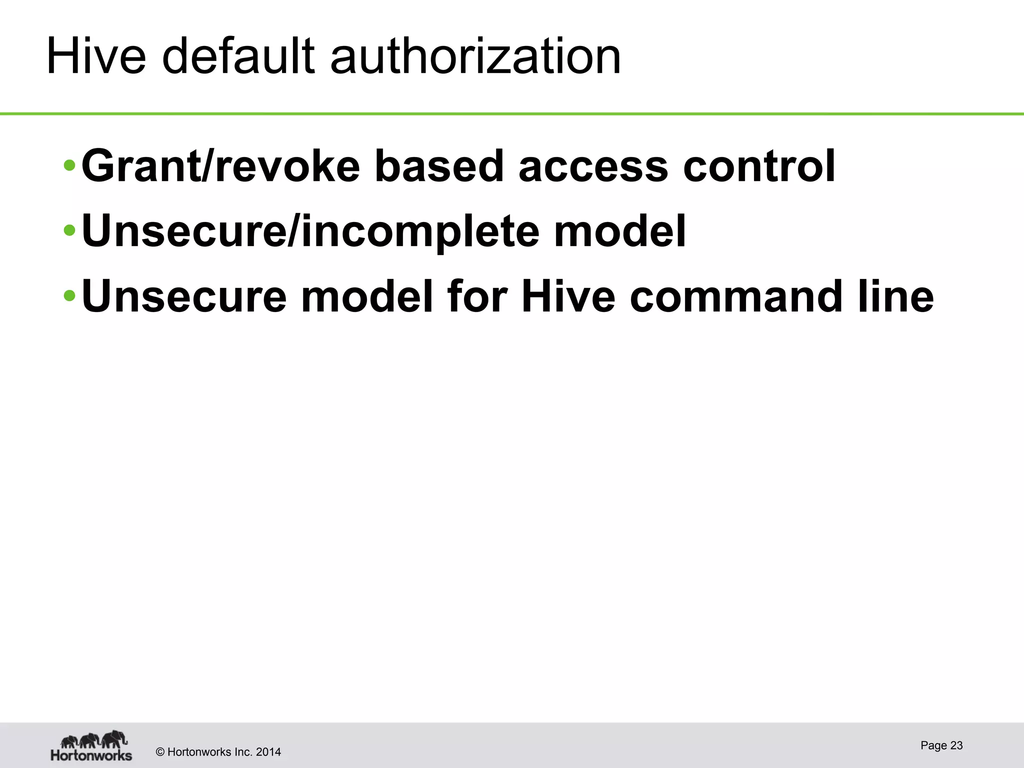 Hive default authorization 
• Grant/revoke based access control 
• Unsecure/incomplete model 
• Unsecure model for Hive command line 
© Hortonworks Inc. 2014 Page 23 
 
