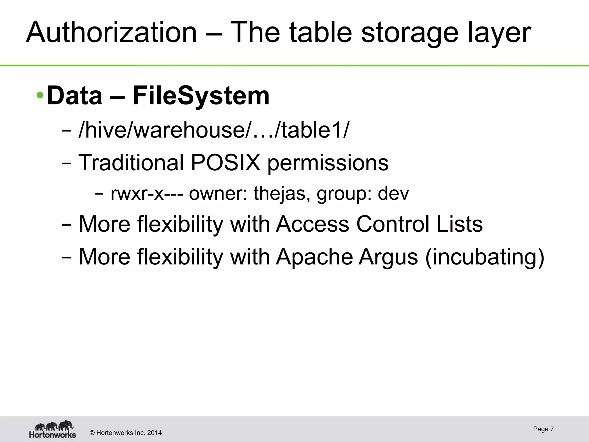 Authorization – The table storage layer 
• Data – FileSystem 
– /hive/warehouse/…/table1/ 
– Traditional POSIX permissions 
– rwxr-x--- owner: thejas, group: dev 
– More flexibility with Access Control Lists 
– More flexibility with Apache Argus (incubating) 
© Hortonworks Inc. 2014 Page 7 
 