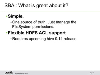 SBA : What is great about it? 
• Simple. 
– One source of truth. Just manage the 
FileSystem permissions. 
• Flexible HDFS ACL support 
– Requires upcoming hive 0.14 release. 
© Hortonworks Inc. 2014 Page 13 
 