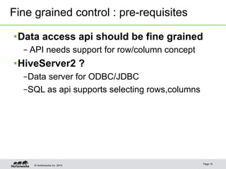 Fine grained control : pre-requisites 
• Data access api should be fine grained 
– API needs support for row/column concept 
• HiveServer2 ? 
– Data server for ODBC/JDBC 
– SQL as api supports selecting rows,columns 
© Hortonworks Inc. 2014 Page 15 
 