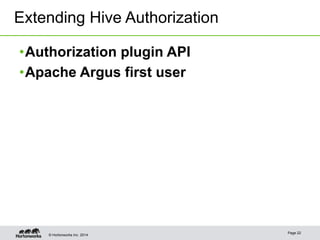 Extending Hive Authorization 
• Authorization plugin API 
• Apache Argus first user 
© Hortonworks Inc. 2014 Page 22 
 