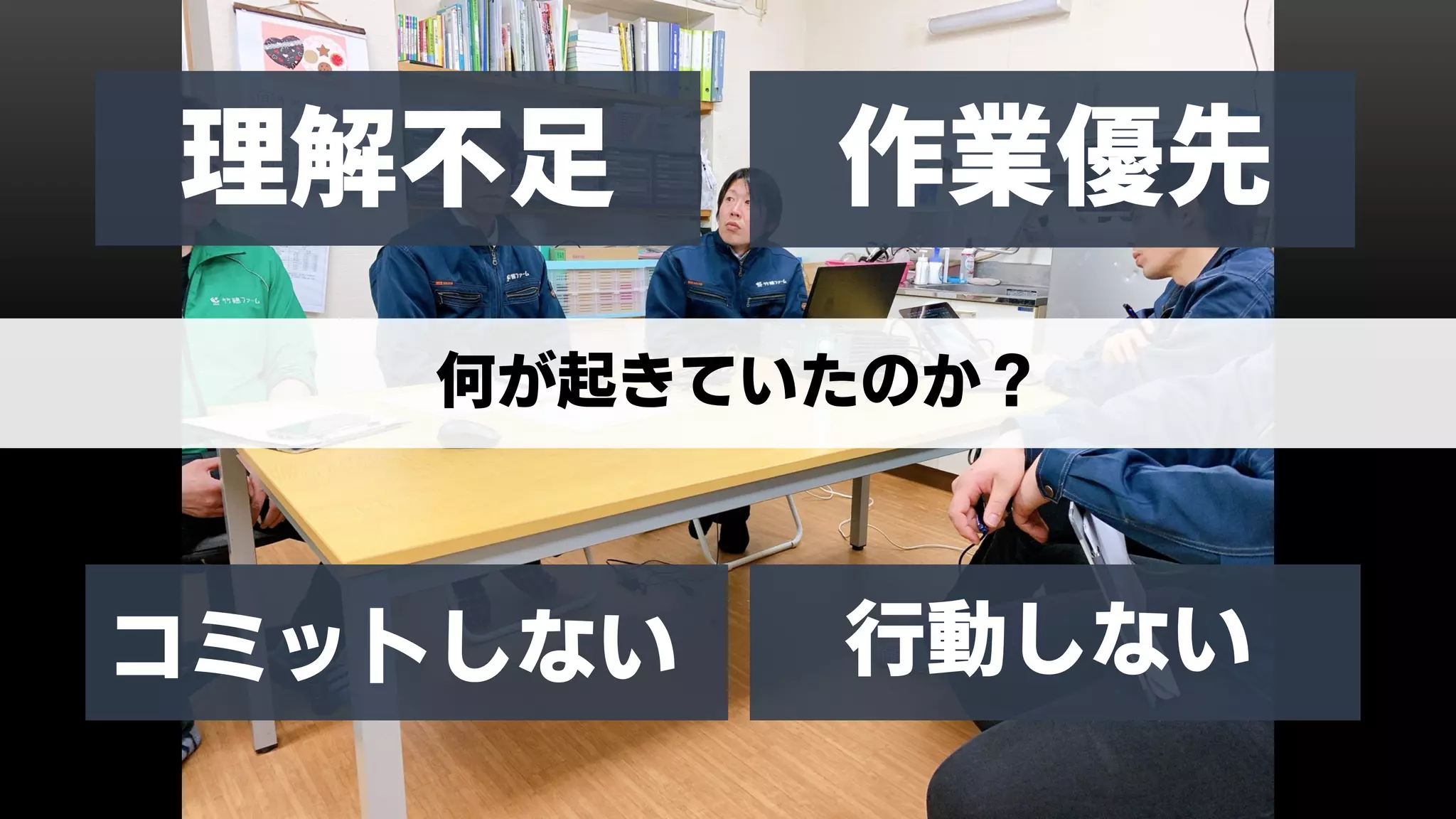 何が起きていたのか？
理解不足 作業優先
コミットしない 行動しない
 