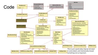 Service
+state

CompositeService

Code

HiveServer2

AbstractService

+serviceList

+HiveConf: Global,set by init()

+addService()
+removeService()

+main(): 入口

+init()
+start()
+stop()
+register(): StateChangeListener
TCLIService.Iface

ThriftCLIService

ThrifyBinaryService

+cliService
ICLIService

TThreadPoolServer

+openSession()
+closeSession()
+getInfo()
+executeStatement()
+...()
+fetchResults()

CLIService
+sessionManager

FixedThreadPool

+OpenSession()
+CloseSession()
+GetInfo()
+ExecuteStatement()
+...()
+FetchResults()
OperationManager
+handleToOperation: HashMap
+newExecuteStatementOperation()
+newGetTypeInfoOperation()
+...()
+addOperation()
+removeOperation()
+getOperation()
+getOperationState()
+cancelOperation()
+closeOperation()
+getOperationNextRowSet()
+...()

SessionManager
+handleToSession: HashMap
+operationManager
+backgroundOperationPool

HiveSession
HiveSessionImpl

+sessionHandle
+hiveConf: new for each
+sessionState: new for each
+opHandleSet

+openSession()
+closeSession()
+getSession()
+...()
+submitBackgroundOperation()

Operation
+opHandle
+parentSession
+state
+getState()
+setState()
+run()
+getNextRowSet()
+close()
+cancel()
+...()

+getSessionHandle()
+getInfo()
+executeStatement()
+executeStatementAsync()
+...()
+fetchResults()

GetInfoOperation

ExecuteStatementOperation

SQLOperation

AddResourceOperation

DeleteResourceOpetation

DfsOperation

SetOperation

GetSchemasOperation

XXXOperation

This is just a quick view, may be not exact
in some detail, and intentionally missed
something not so important.

 