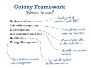 Colony Framework
                Where  to  use?
                                         .  the  holy  grail  of  
. Business software                      modular  SaaS  ERP
. Scientific computing
. E-­Government                               .  Harvest  the  world’s  
. Web consumer products                       computing  resources
. Health Care
                                             .  Maintainable  public  
. Energy Management                          sector  applications

                                              .  Scalable  and  modular  
                                              facebook
 .  Open  distributed  smart     .  Open  and  Standard  
 grid  management                health  care  solution
 