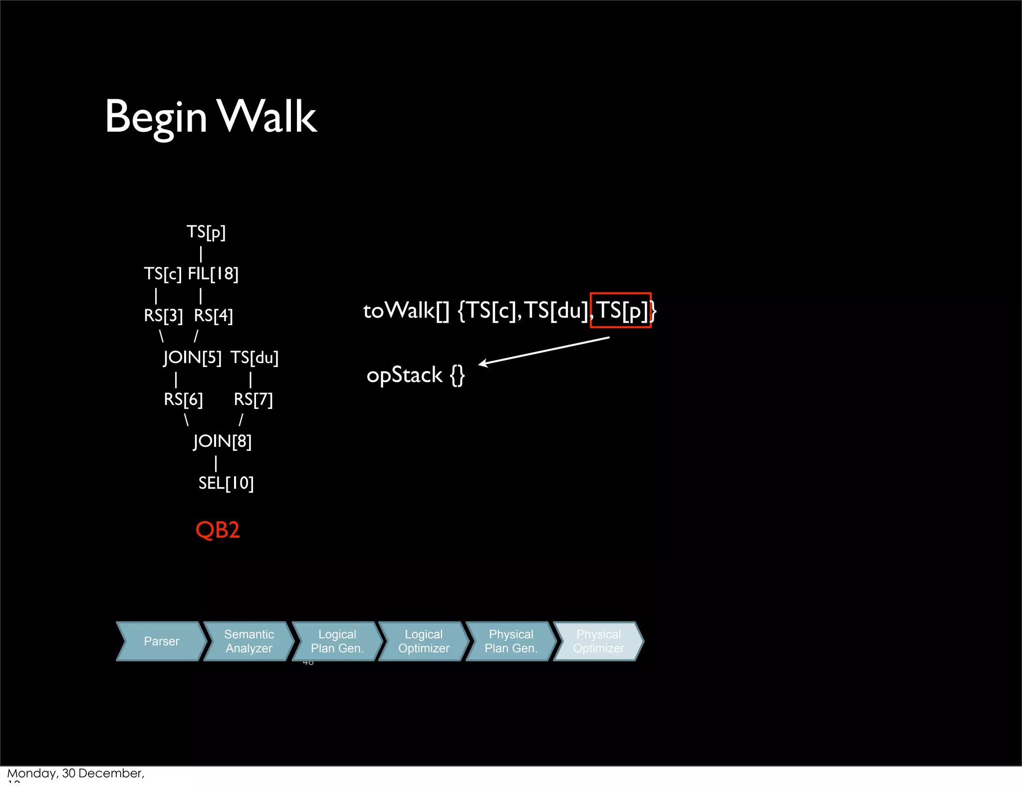 Begin Walk
TS[p]
|
TS[c] FIL[18]
|
|
RS[3] RS[4]

/
JOIN[5] TS[du]
|
|
RS[6]
RS[7]

/
JOIN[8]
|
SEL[10]

toWalk[] {TS[c], TS[du], TS[p]}
opStack {}

QB2

Parser

Semantic
Analyzer

Logical
Plan Gen.
48

Monday, 30 December,

Logical
Optimizer

Physical
Plan Gen.

Physical
Optimizer

 