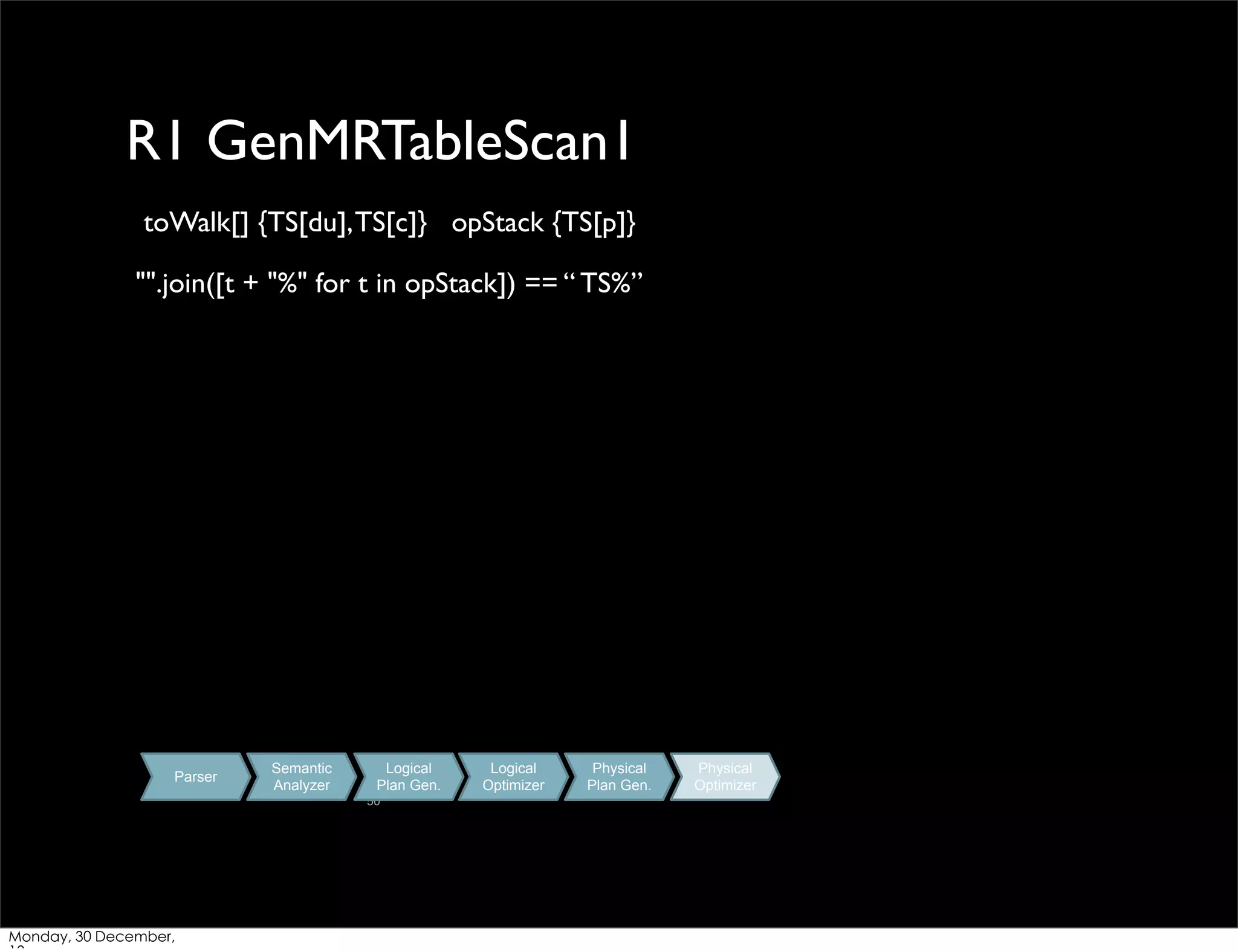 R1 GenMRTableScan1
toWalk[] {TS[du], TS[c]} opStack {TS[p]}
"".join([t + "%" for t in opStack]) == “ TS%”

Parser

Semantic
Analyzer

Logical
Plan Gen.
50

Monday, 30 December,

Logical
Optimizer

Physical
Plan Gen.

Physical
Optimizer

 