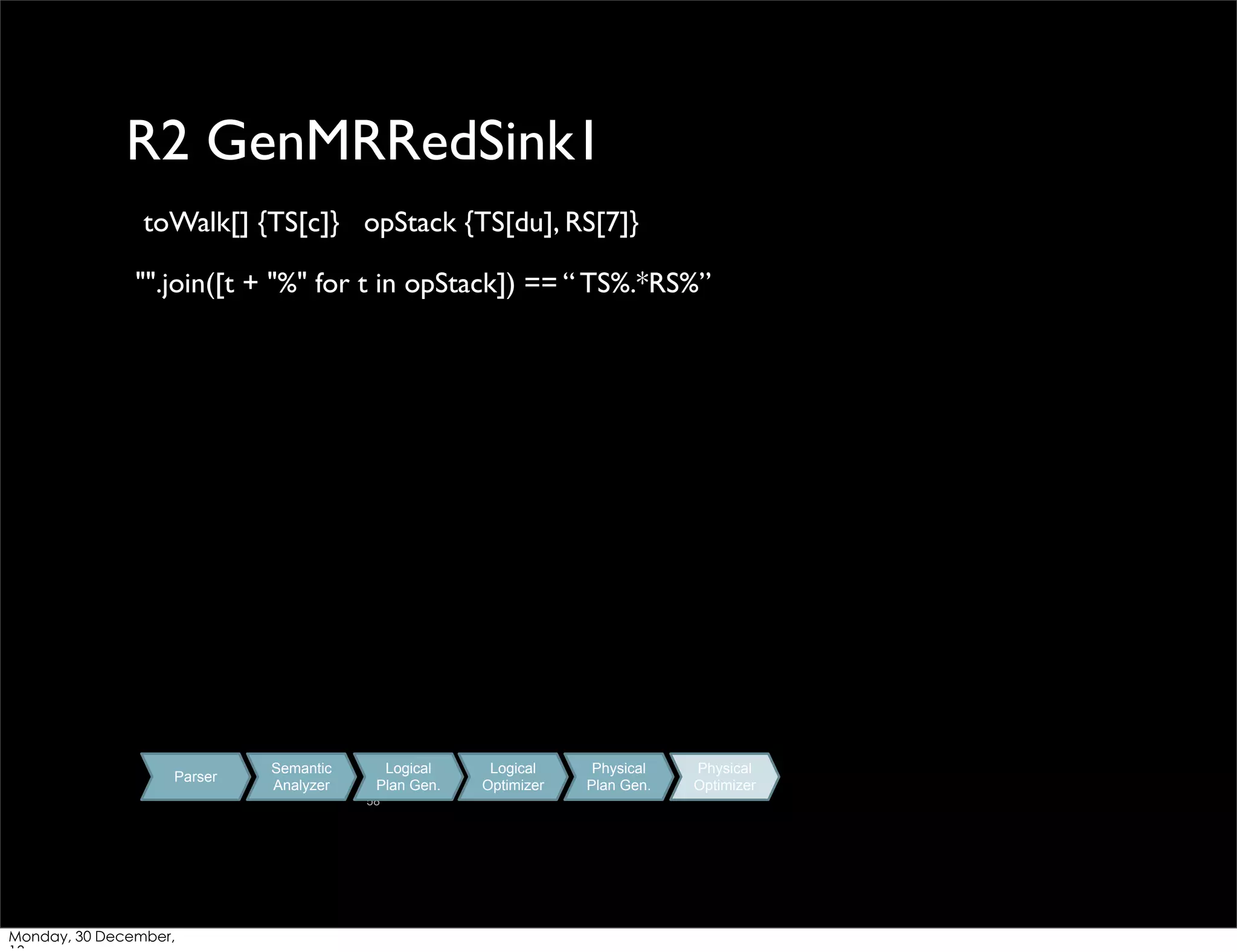 R2 GenMRRedSink1
toWalk[] {TS[c]} opStack {TS[du], RS[7]}
"".join([t + "%" for t in opStack]) == “ TS%.*RS%”

Parser

Semantic
Analyzer

Logical
Plan Gen.
58

Monday, 30 December,

Logical
Optimizer

Physical
Plan Gen.

Physical
Optimizer

 
