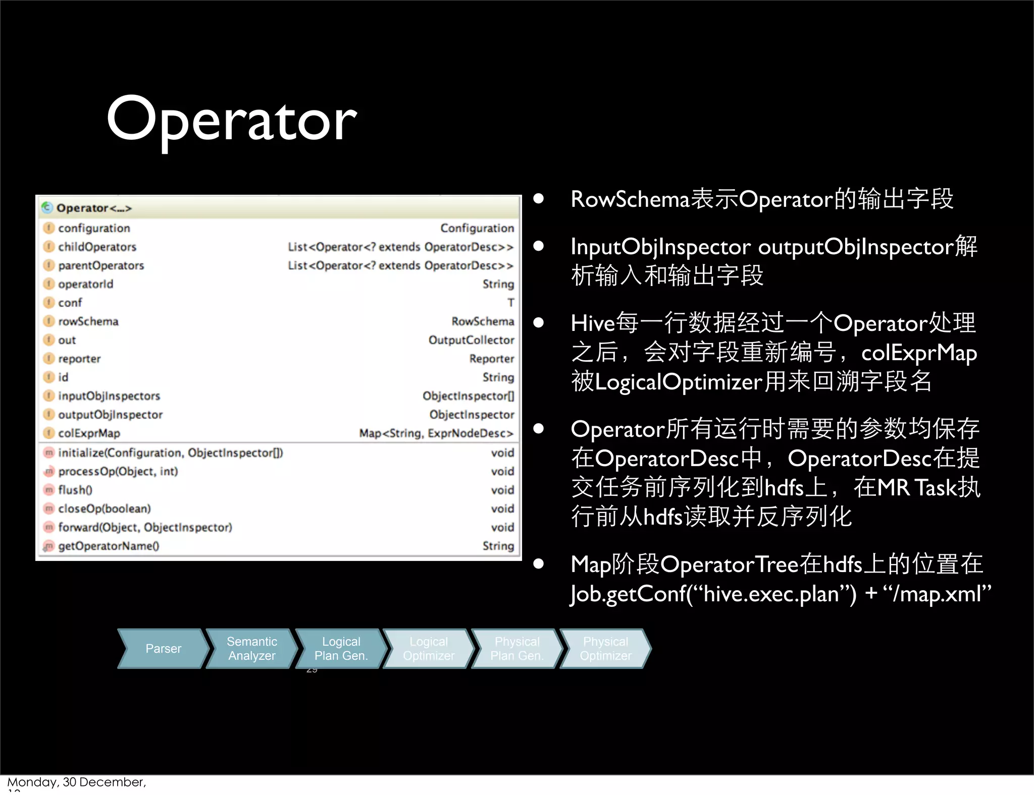 Operator
•
•
•

Logical
Plan Gen.
29

Monday, 30 December,

Logical
Optimizer

Operator所有运⾏行时需要的参数均保存
在OperatorDesc中，OperatorDesc在提
交任务前序列化到hdfs上，在MR Task执
⾏行前从hdfs读取并反序列化

•
Semantic
Analyzer

Hive每⼀一⾏行数据经过⼀一个Operator处理
之后，会对字段重新编号，colExprMap
被LogicalOptimizer⽤用来回溯字段名

•

Parser

RowSchema表⽰示Operator的输出字段

Map阶段OperatorTree在hdfs上的位置在
Job.getConf(“hive.exec.plan”) + “/map.xml”

Physical
Plan Gen.

InputObjInspector outputObjInspector解
析输⼊入和输出字段

Physical
Optimizer

 