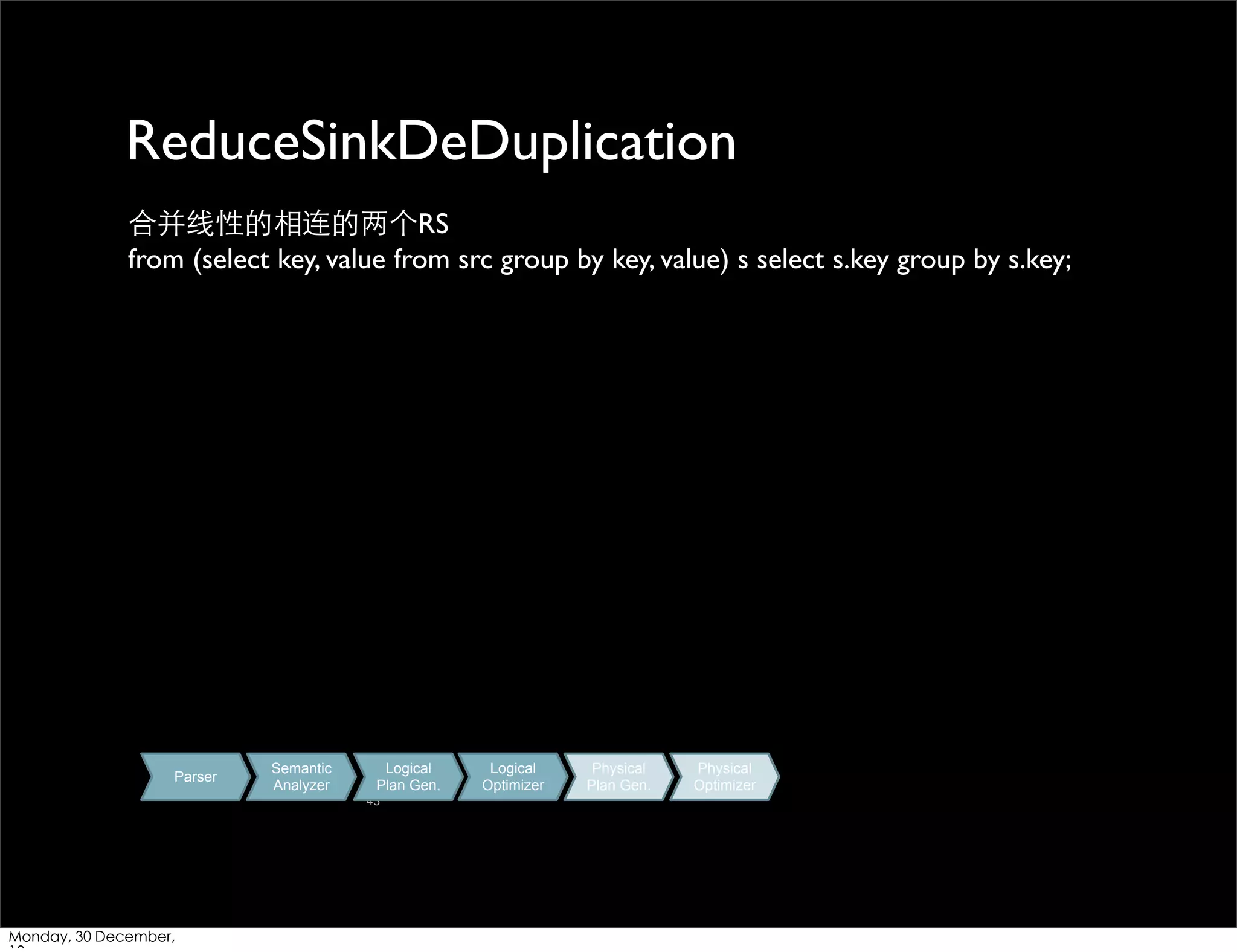 ReduceSinkDeDuplication
合并线性的相连的两个RS
from (select key, value from src group by key, value) s select s.key group by s.key;

Parser

Semantic
Analyzer

Logical
Plan Gen.
43

Monday, 30 December,

Logical
Optimizer

Physical
Plan Gen.

Physical
Optimizer

 