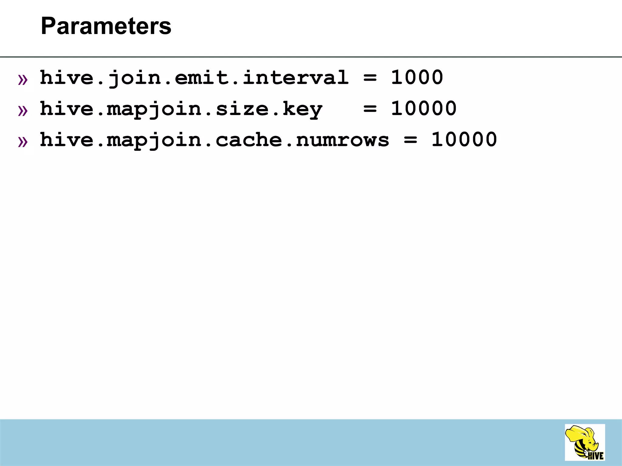 Parameters hive.join.emit.interval = 1000 hive.mapjoin.size.key  = 10000 hive.mapjoin.cache.numrows = 10000 