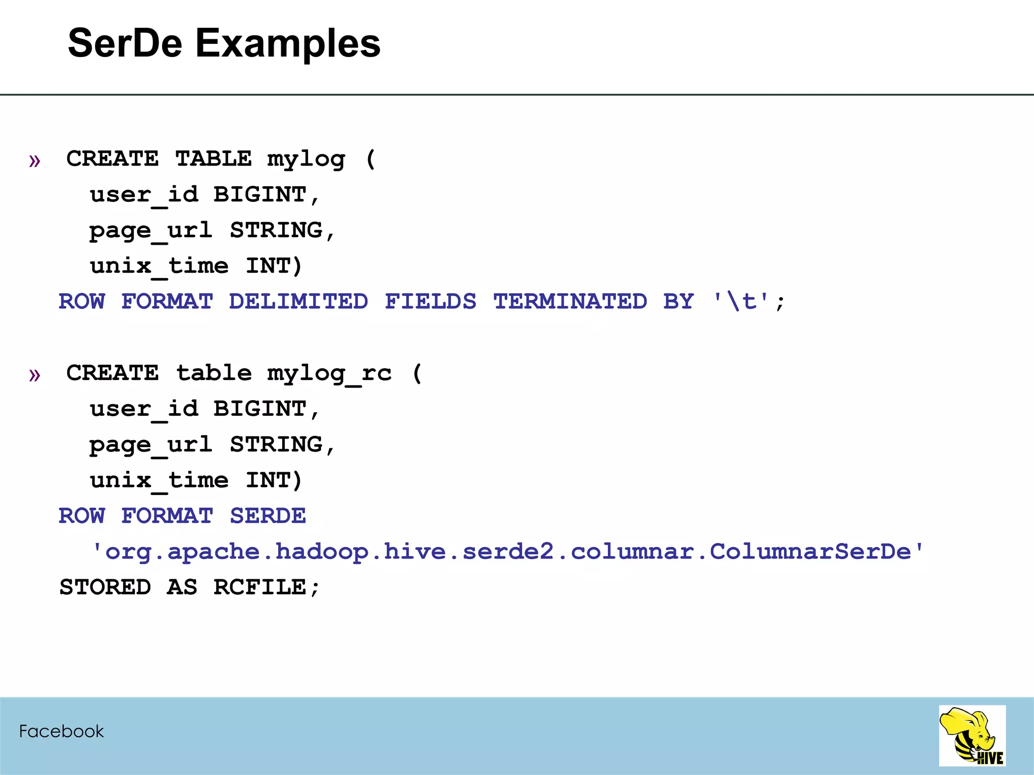 SerDe Examples CREATE TABLE mylog ( user_id BIGINT, page_url STRING, unix_time INT) ROW FORMAT DELIMITED FIELDS TERMINATED BY '\t' ; CREATE table mylog_rc ( user_id BIGINT, page_url STRING, unix_time INT) ROW FORMAT SERDE 'org.apache.hadoop.hive.serde2.columnar.ColumnarSerDe' STORED AS RCFILE; Facebook 