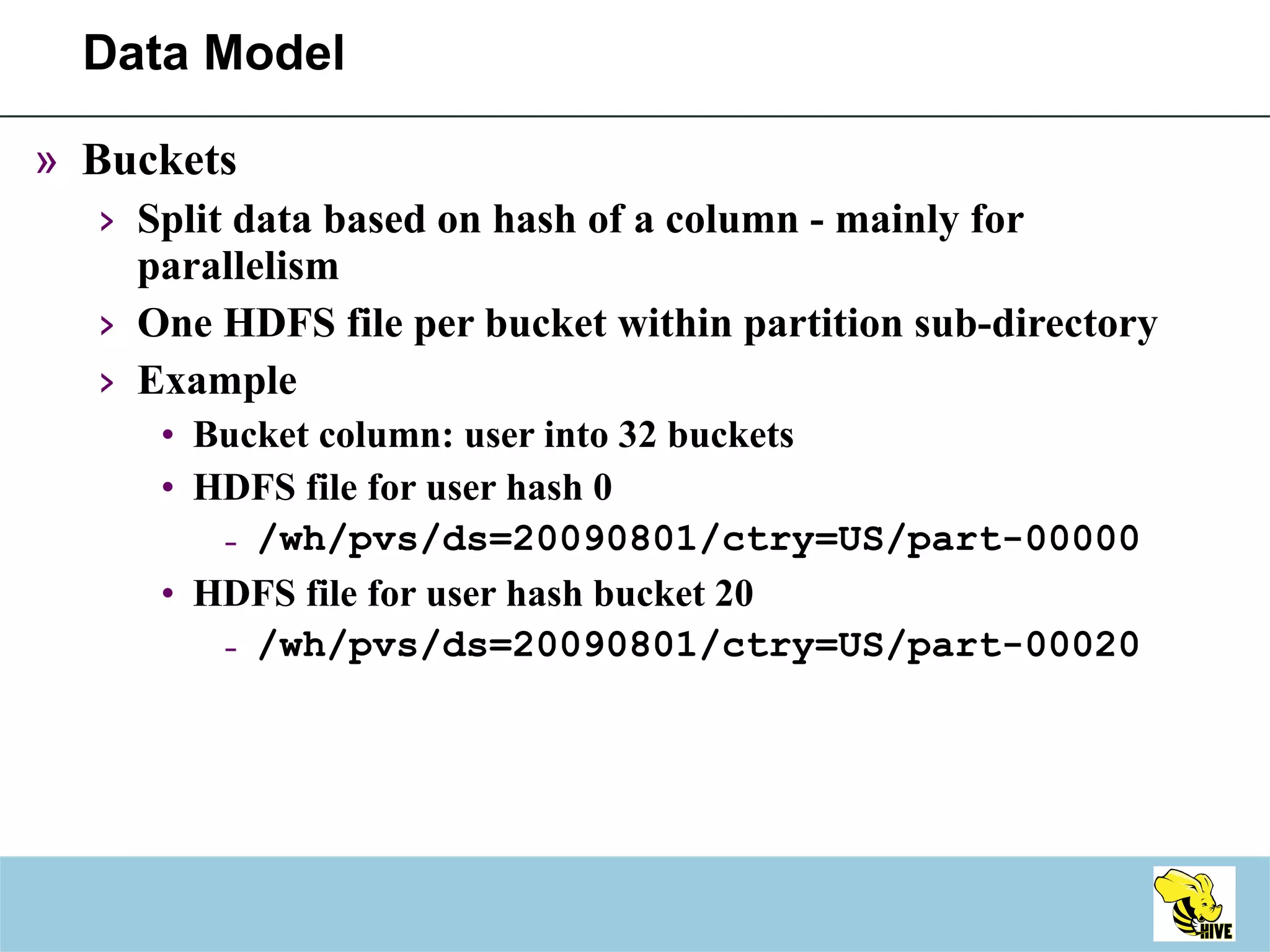 Data Model Buckets  Split data based on hash of a column - mainly for parallelism One HDFS file per bucket within partition sub-directory Example Bucket column: user into 32 buckets HDFS file for user hash 0 /wh/pvs/ds=20090801/ctry=US/part-00000 HDFS file for user hash bucket 20 /wh/pvs/ds=20090801/ctry=US/part-00020 
