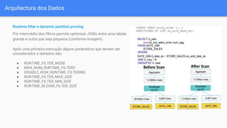 Arquitectura dos Dados
Runtime filter e dynamic partition pruning
Por intermédio dos filtros permite optimizar JOINs entre uma tabela
grande e outra que seja pequena (conforme imagem).
Após uma primeira execução alguns parâmetros que devem ser
considerados e testados são:
● RUNTIME_FILTER_MODE
● MAX_NUM_RUNTIME_FILTERS
● DISABLE_ROW_RUNTIME_FILTERING
● RUNTIME_FILTER_MAX_SIZE
● RUNTIME_FILTER_MIN_SIZE
● RUNTIME_BLOOM_FILTER_SIZE
 