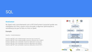 SQL
HiveContext
No Spark mais concretamente com a API HiveContext é possível aceder aos
metadados em Hive e assim como proceder a algumas optimizações à
semelhança do que foi feito no Hive on Spark.
Exemplo:
hiveCtx = HiveContext(sc)
hiveCtx.sql("SET yarn.nodemanager.resource.cpu-vcores=4")
hiveCtx.sql("SET yarn.nodemanager.resource.memory-mb=16384")
hiveCtx.sql("SET yarn.scheduler.maximum-allocation-vcores=4")
hiveCtx.sql("SET yarn.scheduler.minimum-allocation-mb=4096")
hiveCtx.sql("SET yarn.scheduler.maximum-allocation-mb=8192")
 