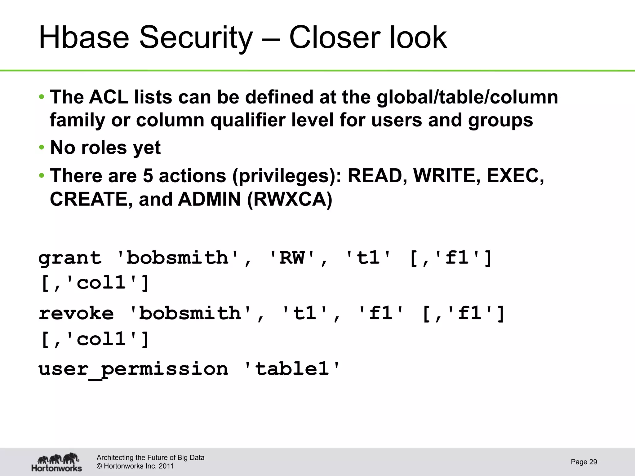 Hbase Security – Closer look
•  The ACL lists can be defined at the global/table/column
   family or column qualifier level for users and groups
•  No roles yet
•  There are 5 actions (privileges): READ, WRITE, EXEC,
   CREATE, and ADMIN (RWXCA)

grant 'bobsmith', 'RW', 't1' [,'f1']
[,'col1']
revoke 'bobsmith', 't1', 'f1' [,'f1']
[,'col1']
user_permission 'table1'



      Architecting the Future of Big Data
                                                             Page 29
      © Hortonworks Inc. 2011
 