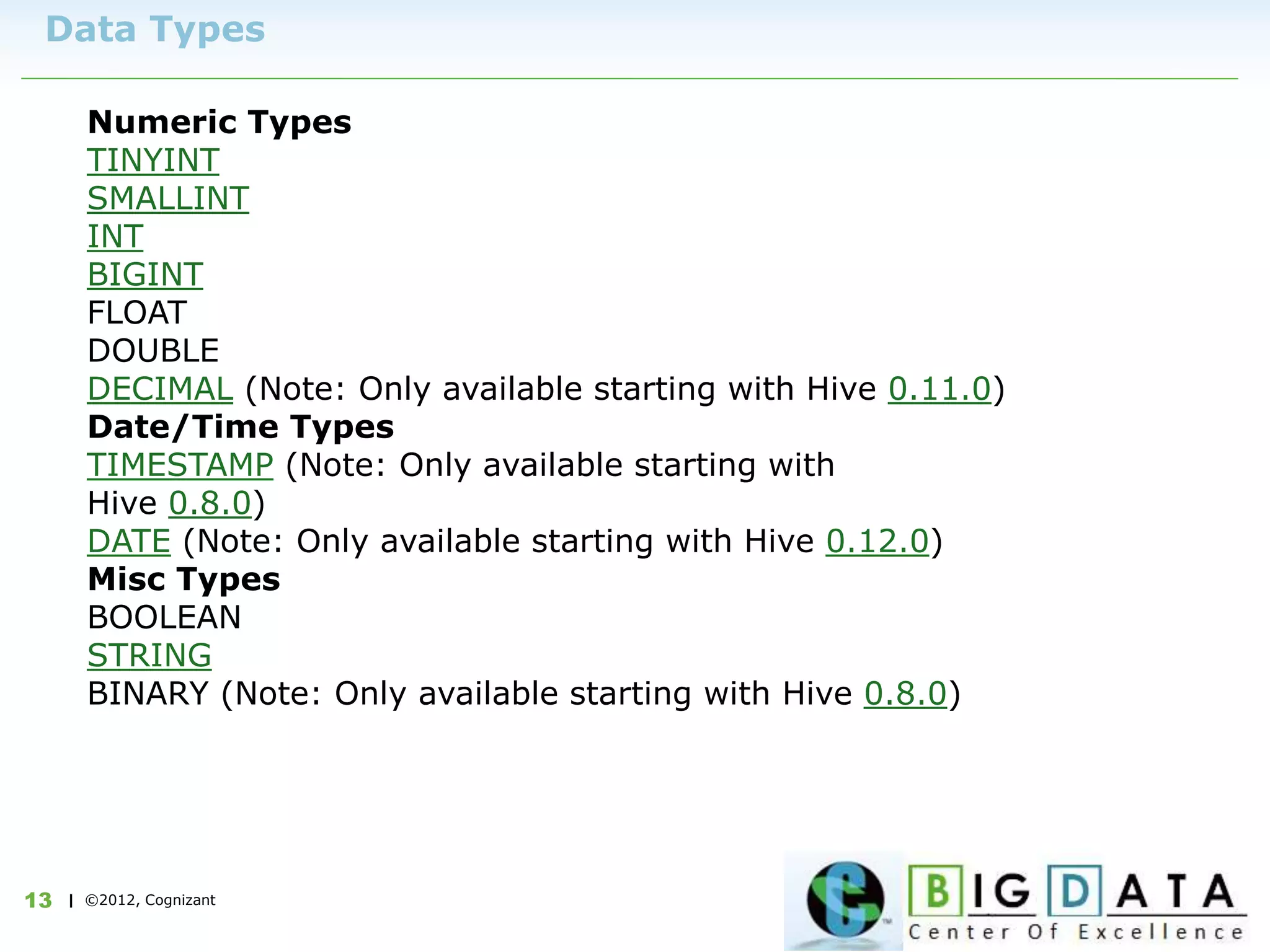 | ©2012, Cognizant13
Data Types
Numeric Types
TINYINT
SMALLINT
INT
BIGINT
FLOAT
DOUBLE
DECIMAL (Note: Only available starting with Hive 0.11.0)
Date/Time Types
TIMESTAMP (Note: Only available starting with
Hive 0.8.0)
DATE (Note: Only available starting with Hive 0.12.0)
Misc Types
BOOLEAN
STRING
BINARY (Note: Only available starting with Hive 0.8.0)
 