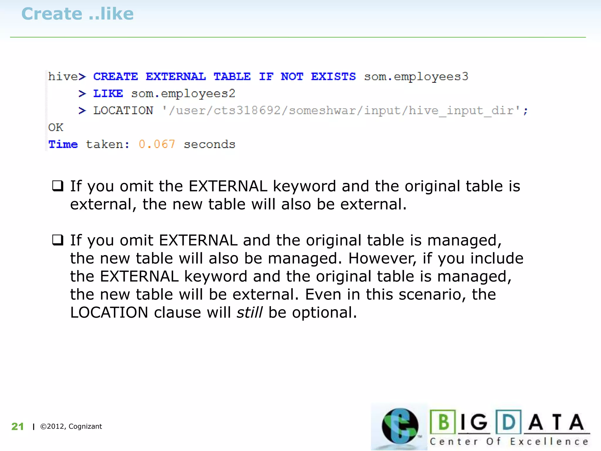 | ©2012, Cognizant21
Create ..like
 If you omit the EXTERNAL keyword and the original table is
external, the new table will also be external.
 If you omit EXTERNAL and the original table is managed,
the new table will also be managed. However, if you include
the EXTERNAL keyword and the original table is managed,
the new table will be external. Even in this scenario, the
LOCATION clause will still be optional.
 