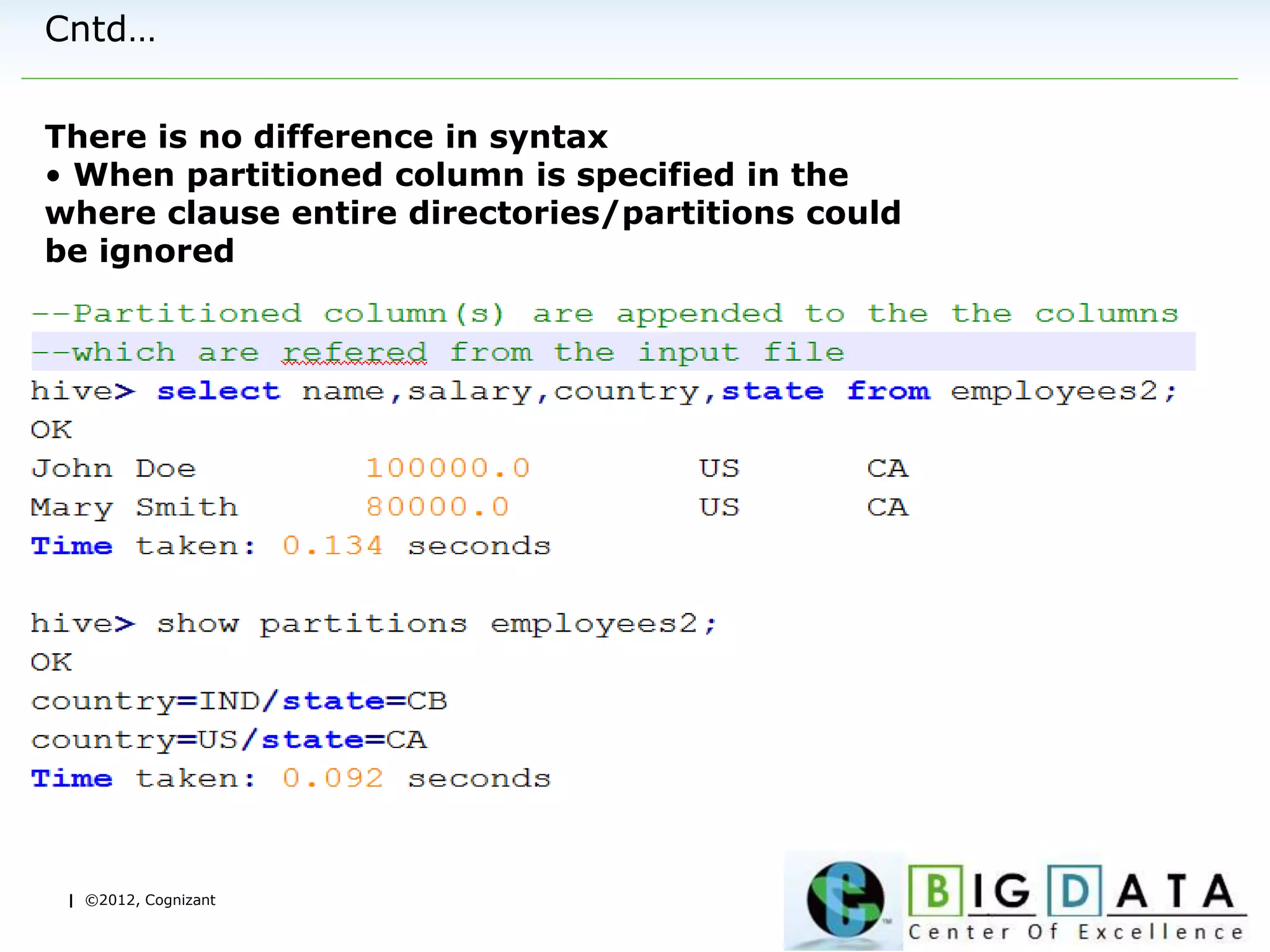 | ©2012, Cognizant
Cntd…
There is no difference in syntax
• When partitioned column is specified in the
where clause entire directories/partitions could
be ignored
 