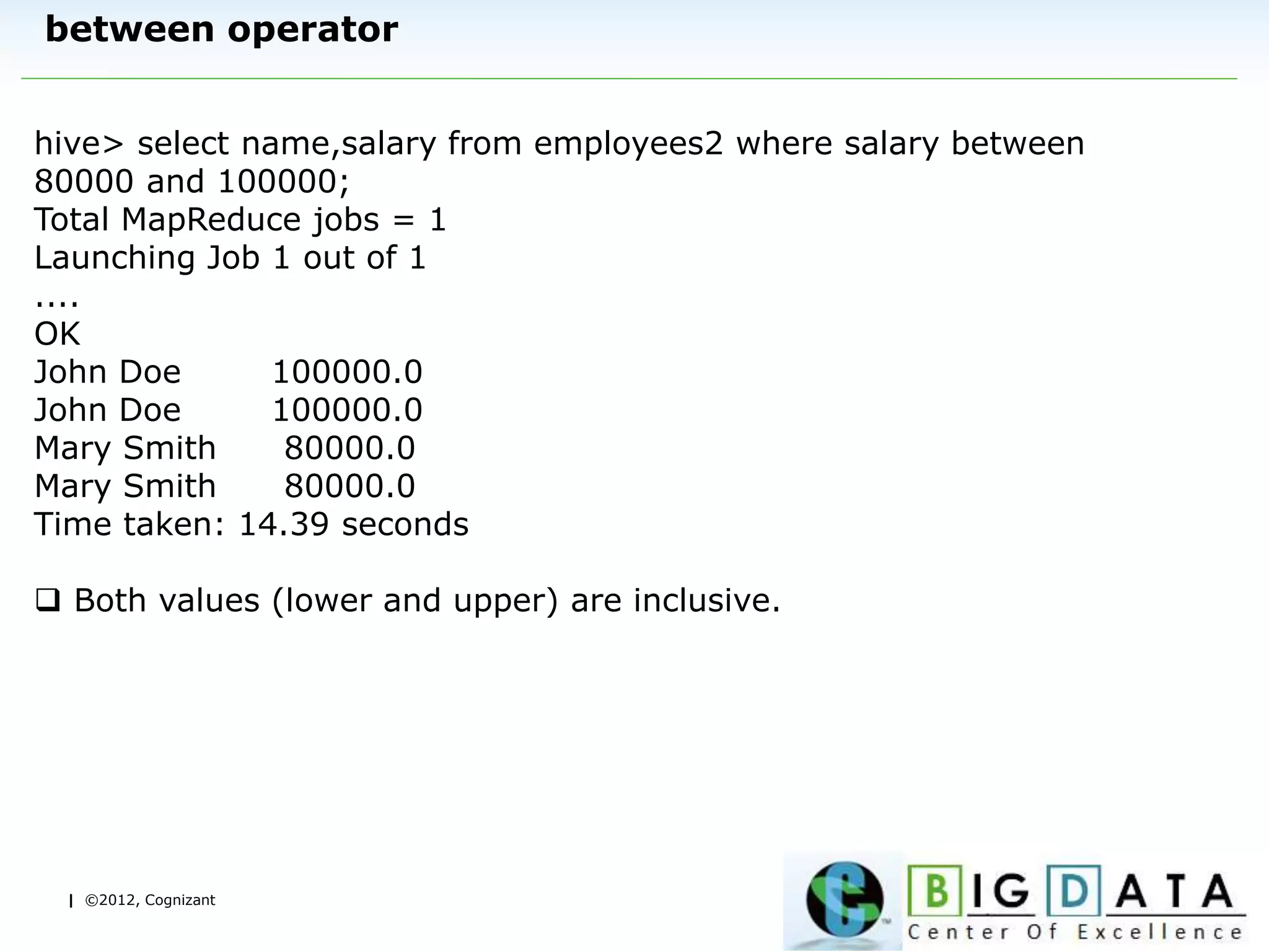 | ©2012, Cognizant
between operator
hive> select name,salary from employees2 where salary between
80000 and 100000;
Total MapReduce jobs = 1
Launching Job 1 out of 1
....
OK
John Doe 100000.0
John Doe 100000.0
Mary Smith 80000.0
Mary Smith 80000.0
Time taken: 14.39 seconds
 Both values (lower and upper) are inclusive.
 