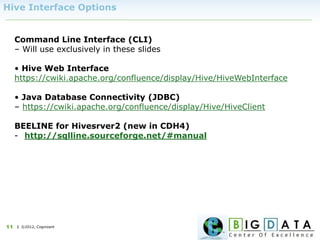 | ©2012, Cognizant11
Hive Interface Options
Command Line Interface (CLI)
– Will use exclusively in these slides
• Hive Web Interface
https://cwiki.apache.org/confluence/display/Hive/HiveWebInterface
• Java Database Connectivity (JDBC)
– https://cwiki.apache.org/confluence/display/Hive/HiveClient
BEELINE for Hivesrver2 (new in CDH4)
- http://sqlline.sourceforge.net/#manual
 