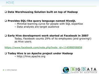 | ©2012, Cognizant2
HIVE
 Data Warehousing Solution built on top of Hadoop
 Provides SQL-like query language named HiveQL
– Minimal learning curve for people with SQL expertise
– Data analysts are target audience
 Early Hive development work started at Facebook in 2007
Today, Facebook counts 29% of its employees (and growing!)
as Hive users.
https://www.facebook.com/note.php?note_id=114588058858
 Today Hive is an Apache project under Hadoop
– http://hive.apache.org
 