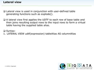 | ©2012, Cognizant
Lateral view
 Lateral view is used in conjunction with user-defined table
generating functions such as explode().
 A lateral view first applies the UDTF to each row of base table and
then joins resulting output rows to the input rows to form a virtual
table having the supplied table alias.
 Syntax-
1. LATERAL VIEW udtf(expression) tableAlias AS columnAlias
 